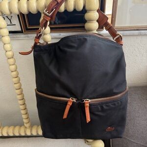 Dooney & Bourke Nylon Large Pocket Satchel in Black with Magenta interior.